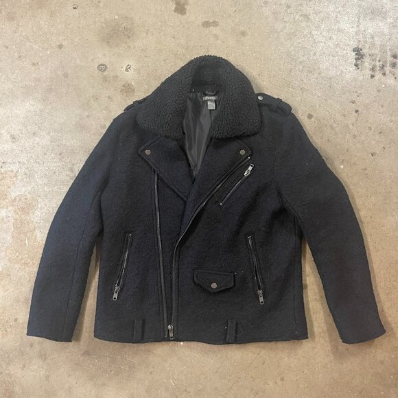 H&M Boucle Wool Blend Motorcycle Jacket Black Size L Faux Fir Collar - Picture 1 of 6